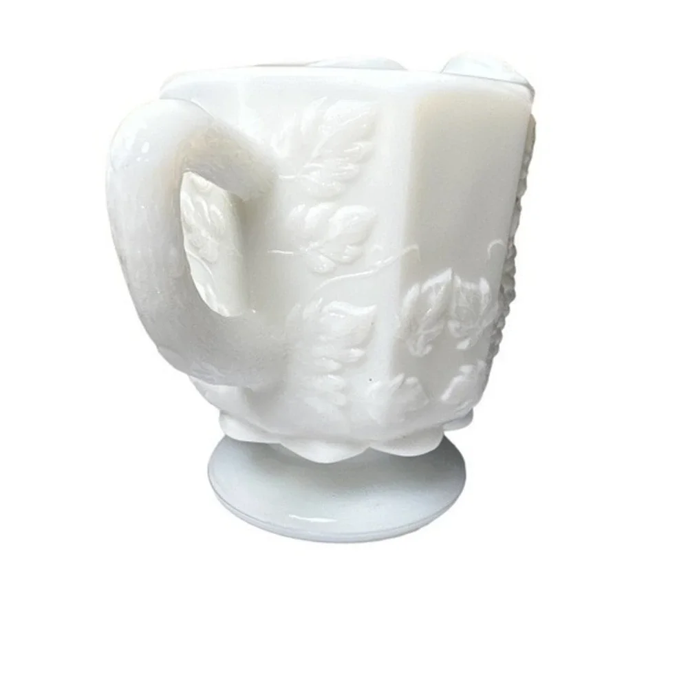 Westmoreland Milk Glass Creamer. Pitcher with Embossed Leaves and Grapes Pattern